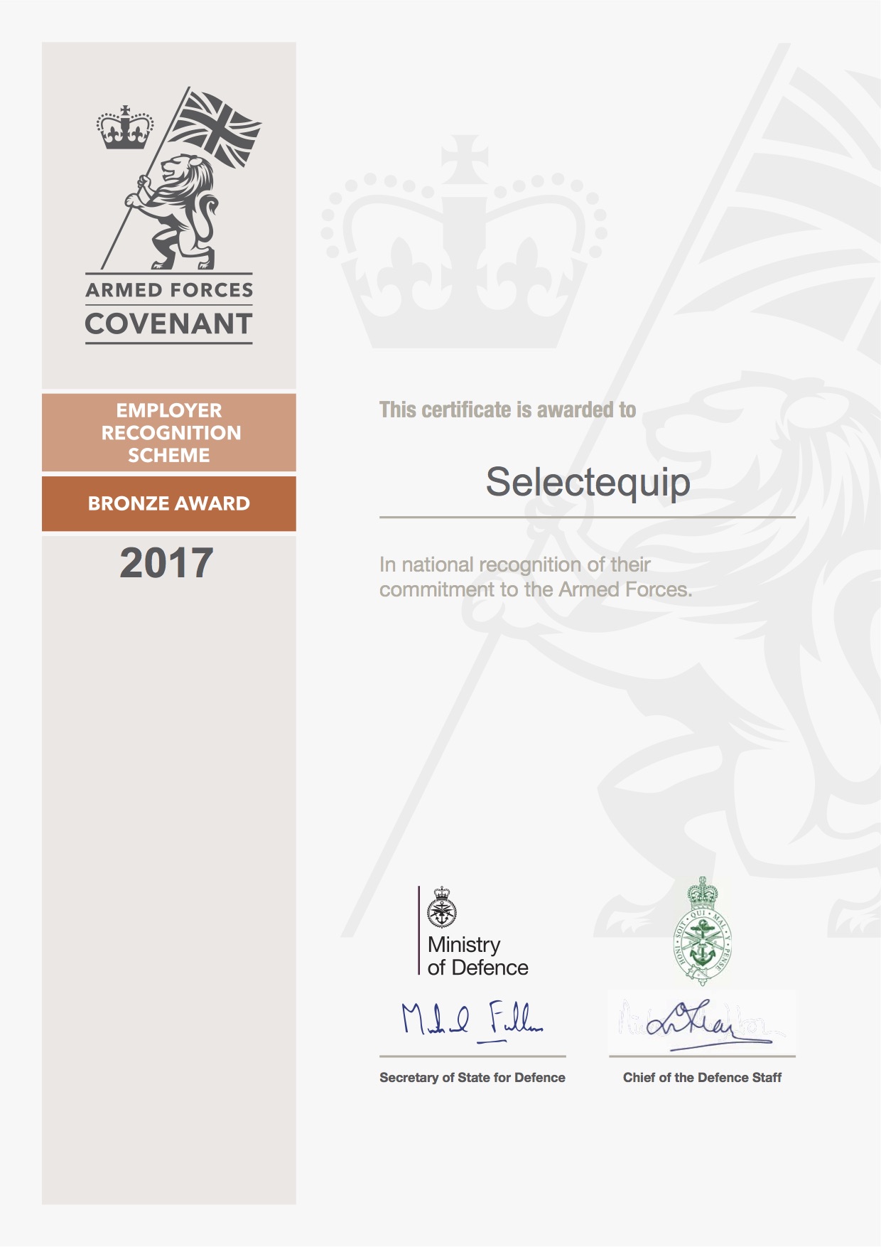 Selectequip Armed Forces Covenant Bronze Certificate